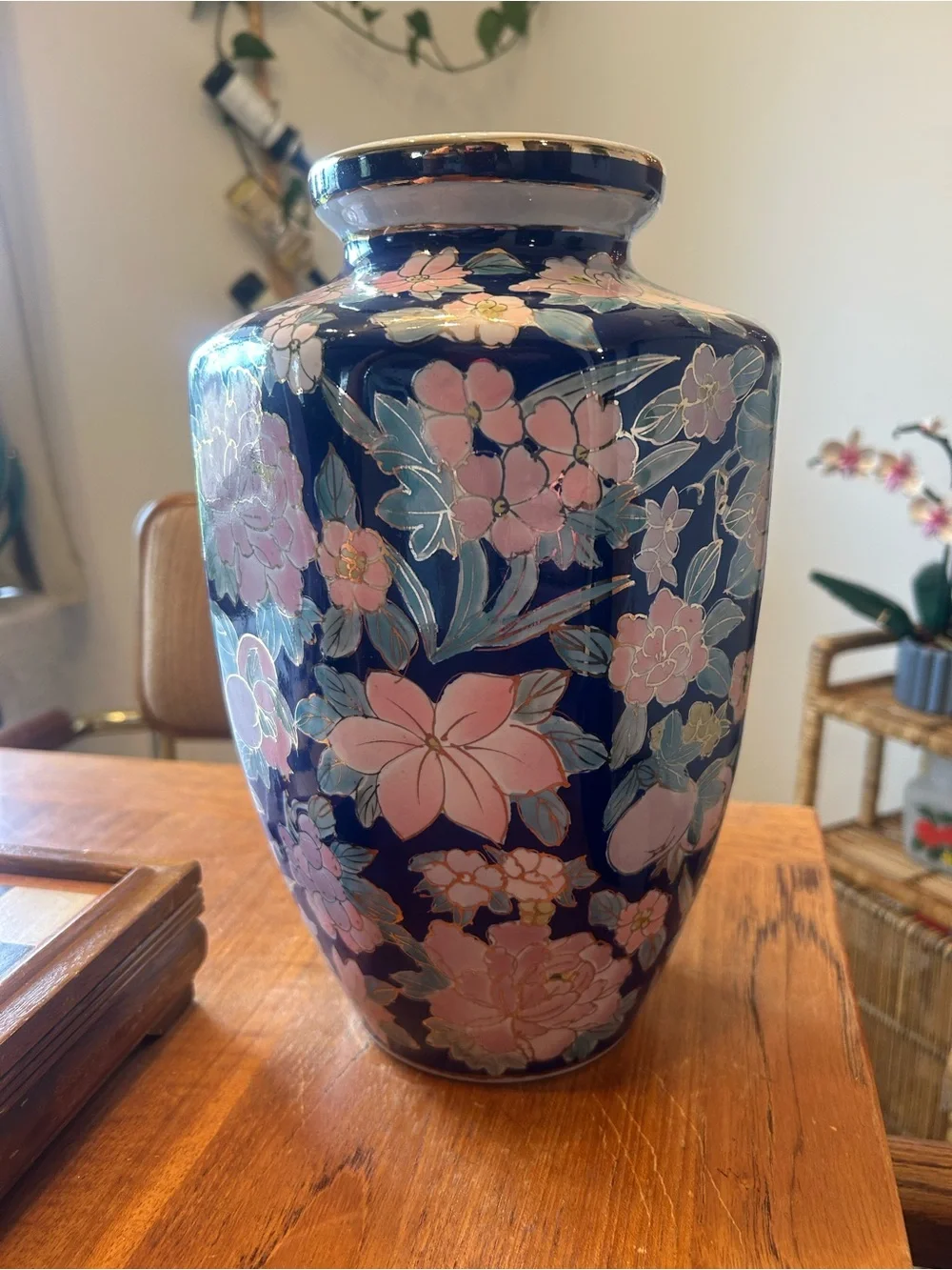 Vintage Pier 1 Cobalt Blue Floral Porcelain Vase | Hand Painted Pink Flowers